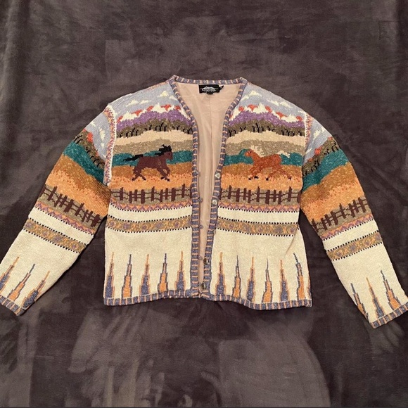 Icelandic Design Sweaters - Icelandic Designs Colorful Horse pony western Pattern Cardigan M EUC